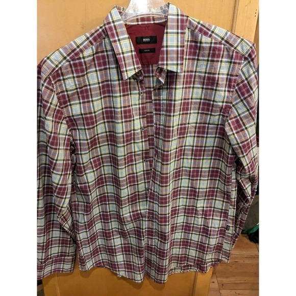 Hugo Boss Red plaid‎ Design Sharp Fit Long Sleeve Button Shirt MENS SZ XL - Picture 1 of 5